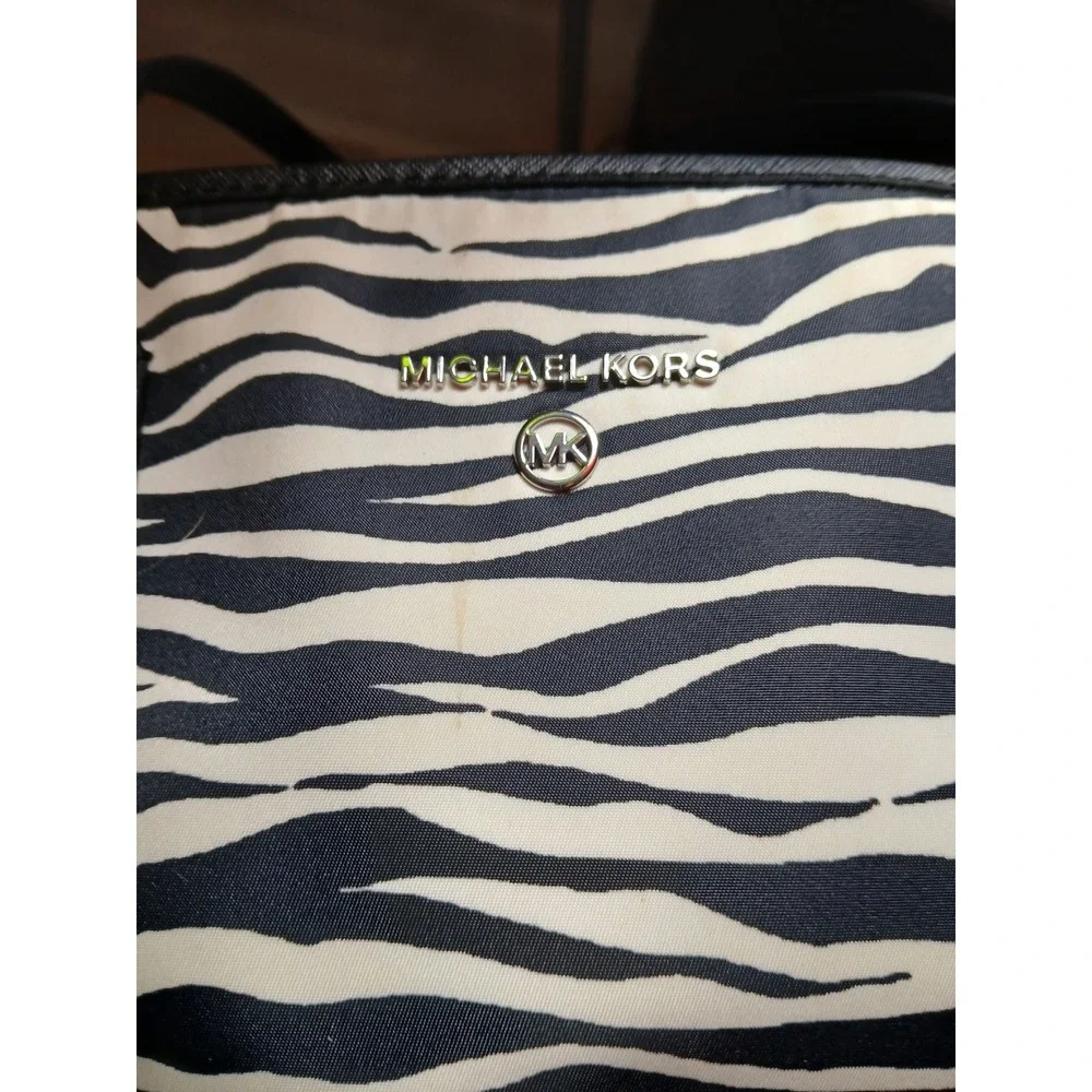 Michael Kors Zebra Print Small Tote Bag Black Cream Canvas Leather Purse